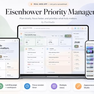 May include: A digital Eisenhower Priority Manager interface displayed across a laptop, tablet, and smartphone. The screens show task lists, a focus session timer, and an appearance studio with various gradient background options for the web application.