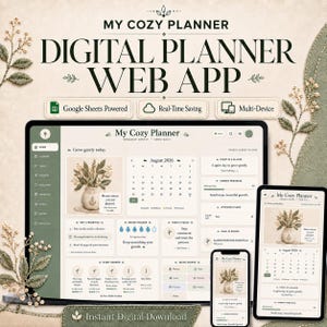 May include: A digital planner web app titled My Cozy Planner displayed on a laptop, tablet, and smartphone screen. The interface features a calendar for August 2026, habit trackers, and task lists in a soft beige and sage green colour palette.