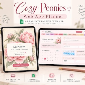 May include: A digital planner interface titled Cozy Peonies Web App Planner displayed on two tablets. The screen shows a floral-themed interactive journal with sections for daily focus, to-do lists, hydration tracking, and meal planning.