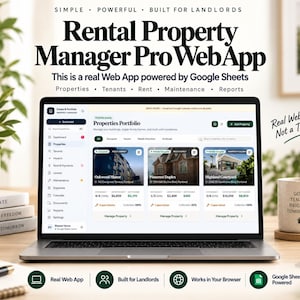 Puede incluir: Un portátil que muestra la interfaz de la aplicación web Rental Property Manager Pro con un panel de cartera de propiedades. El texto incluye Simple, Powerful, Built for Landlords y Real Web App, Not a Template. Una taza dice Good Tenants Brighter Tomorrows.