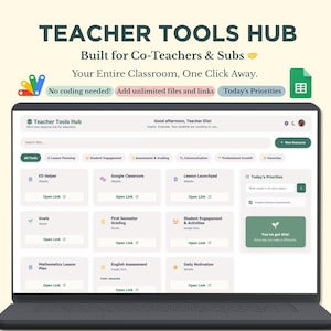 May include: A laptop displays the "Teacher Tools Hub" interface, designed for educators. The screen shows various tools and links, including "Lesson Planning," "Google Classroom," and "Today's Priorities." Text at the top reads "Built for Co-Teachers & Subs."
