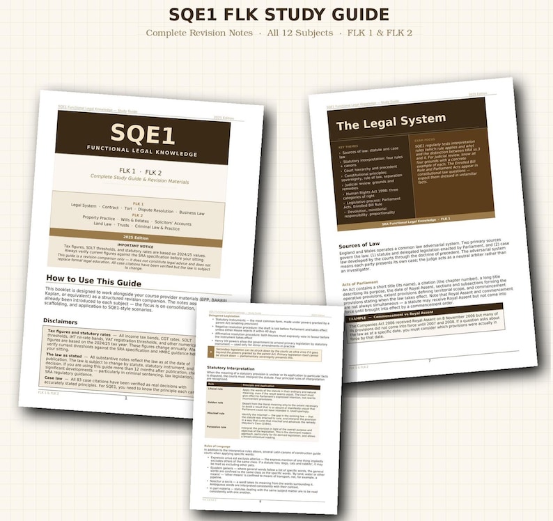 Pode incluir: Tr&ecirc;s p&aacute;ginas brancas de guia de estudo com texto, incluindo "SQE1 FLK STUDY GUIDE" e "The Legal System". As p&aacute;ginas t&ecirc;m cabe&ccedil;alhos marrons e est&atilde;o dispostas em uma superf&iacute;cie bege clara. Os guias s&atilde;o para conhecimento jur&iacute;dico.