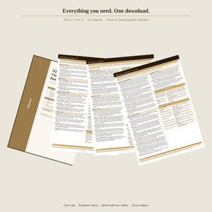 May include: A stack of SQE study materials with the text "Everything you need. One download." The materials include cover pages and open pages with text and tables. The color scheme is white, brown, and gold.