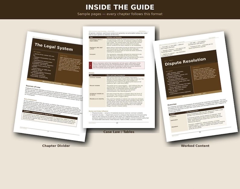 Pode incluir: Tr&ecirc;s p&aacute;ginas abertas de um guia, mostrando layouts de amostra. As p&aacute;ginas exibem texto e tabelas com t&iacute;tulos como "The Legal System" e "Dispute Resolution". A parte superior da imagem diz "INSIDE THE GUIDE" e "Sample pages &ndash; every chapter follows this format."