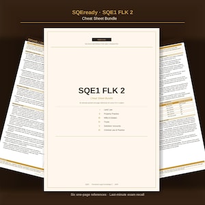 May include: A bundle of SQE1 FLK 2 cheat sheets. The main sheet is cream-colored with the title "SQE1 FLK 2 Cheat Sheet Bundle". The topics include Land Law, Property Practice, Wills & Estates, Trusts, Solicitors Accounts, and Criminal Law & Practice.