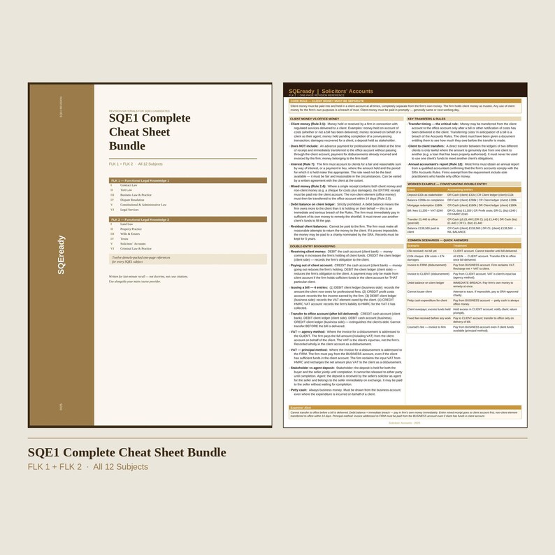 May include: A bundle of two cheat sheets with the text "SQE1 Complete Cheat Sheet Bundle" in a serif font. The left sheet is a list of subjects, and the right sheet contains detailed information. The background is a light beige color.
