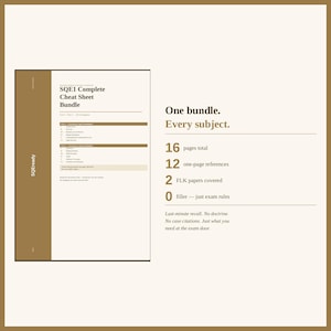 May include: A bundle of SQE1 Complete Cheat Sheets. The image shows a white document with the text "SQE1 Complete Cheat Sheet Bundle" and other details. The text highlights 16 pages, 12 references, and 2 FLK papers covered.