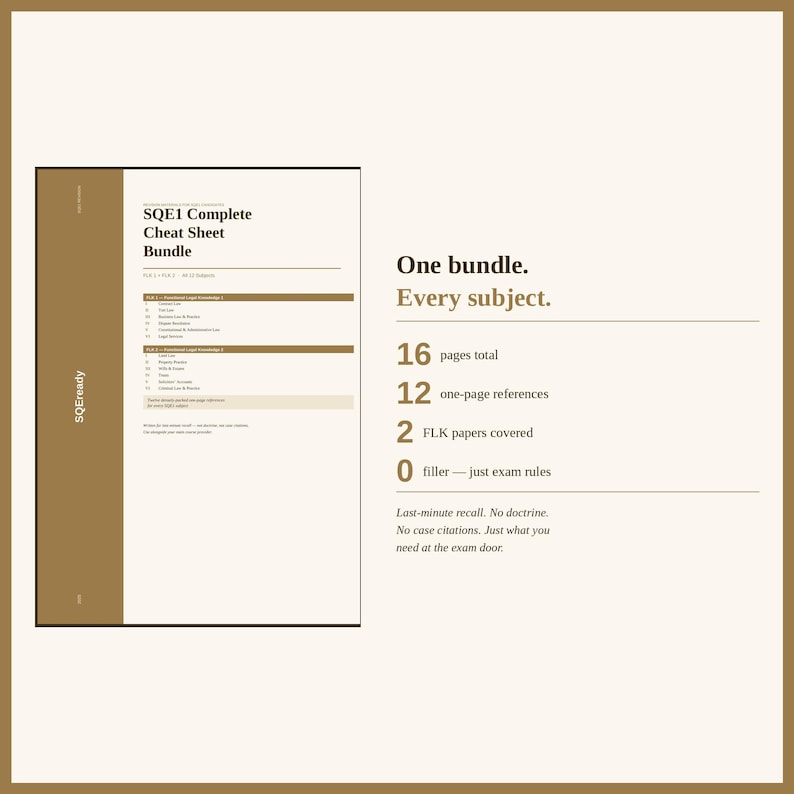 May include: A bundle of SQE1 Complete Cheat Sheets. The image shows a white document with the text "SQE1 Complete Cheat Sheet Bundle" and other details. The text highlights 16 pages, 12 references, and 2 FLK papers covered.