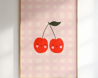 Kawaii Cherry Wall Art, Cute Fruit Nursery Print, Girls Room Decor, Minimal Cherry (Digital Download)