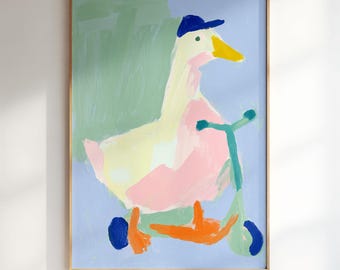 Goose On A Scooter Wall Art, Animal Themed Kids Room Print (Digital Download)