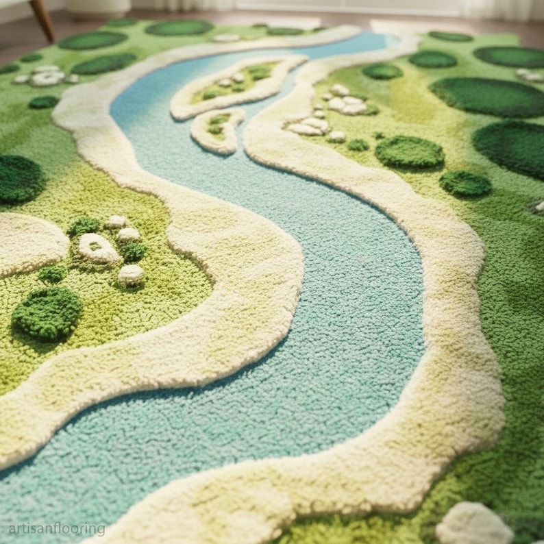 Modern Green Tufted Area Rug High Low Textured River Landscape Carpet ...