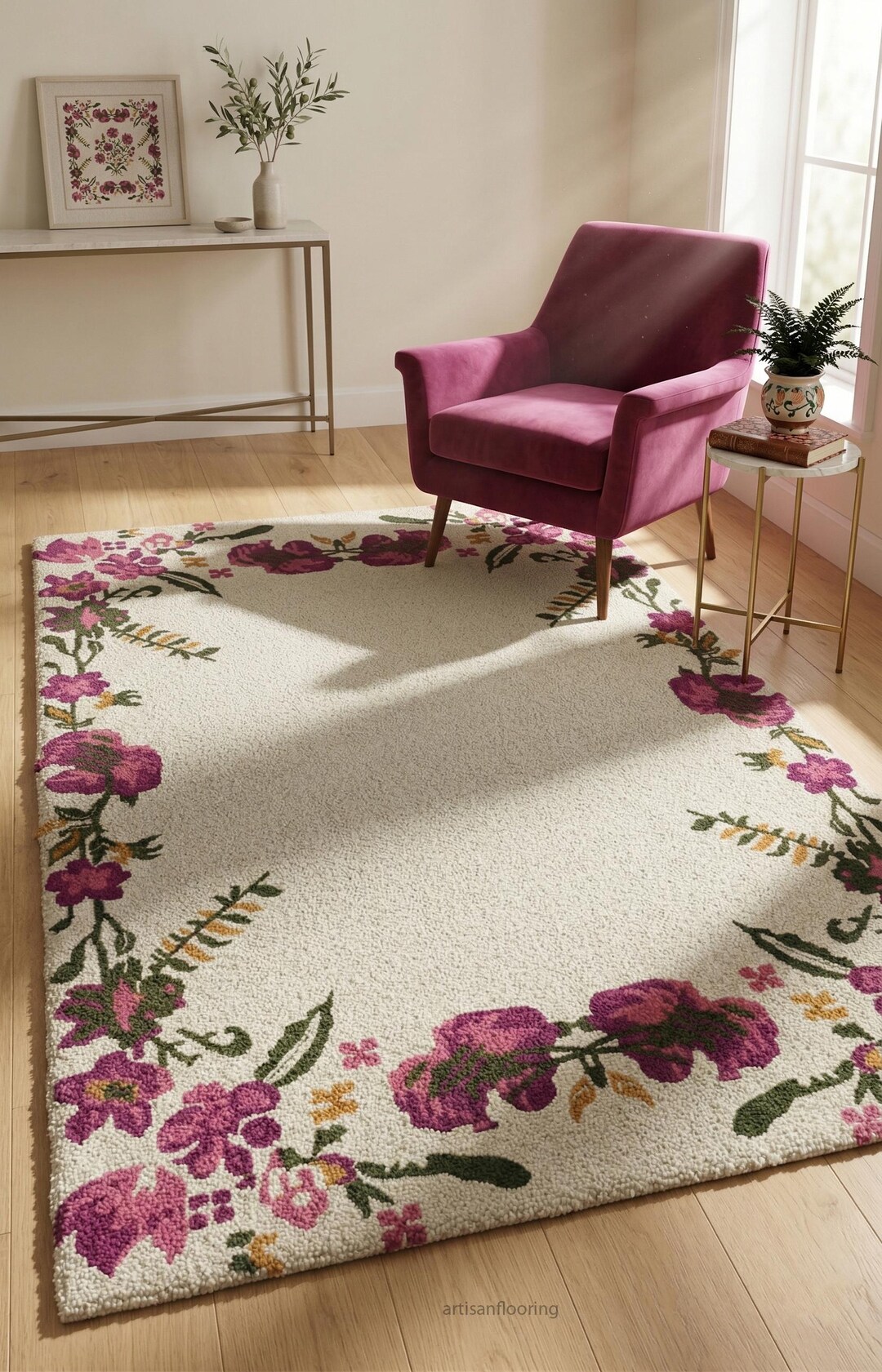 Pulse Border Rug Hand Tufted Floral Border Rug, Pink Botanical Wool Area Rug - Etsy