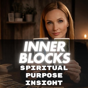 Puede incluir: Una persona sosteniendo cartas del tarot con las palabras "INNER BLOCKS SPIRITUAL PURPOSE INSIGHT" en texto blanco. La imagen tiene un tono cálido y acogedor, con un enfoque suave en la cara de la persona y las cartas. Otras cartas del tarot están sobre la mesa.