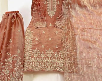 Conjunto de kurta palazzo bordado color melocotón para mujer, atuendo étnico indio, atuendo festivo, conjunto pakistaní de salwar kameez de 3 piezas, traje confeccionado.