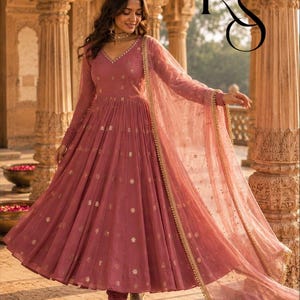 Dusty Pink Farshi Shalwar Suit, Glass Roman Silk Anarkali Suit, Pakistani Farshi Shalwar, Embroidered Anarkali Dress, Wedding Guest Outfit,