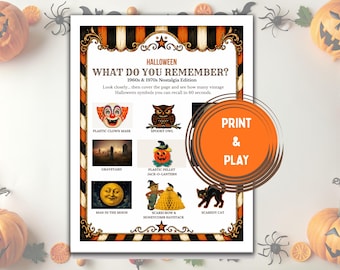 Halloween-Memory-Spiel: Nostalgie der 60er und 70er Jahre, Vintage-Halloween-Partyaktivität, druckbares Spiel für Erwachsene, Seniorengruppen, Büropartys
