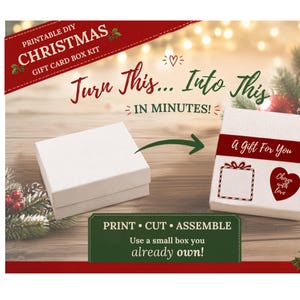 Puede incluir: Un kit imprimible de caja para tarjeta de regalo de Navidad DIY que incluye una caja blanca lisa y una versión decorada con una banda roja con el texto A Gift For You, un icono de regalo cuadrado y un corazón con el texto Chosen with love para ensamblar.
