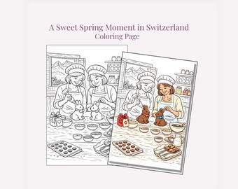 Schweizer Schokoladenherstellung Malseite, Osteraktivität, Frühlingsaktivität, Europa-Reisekunst (Digitaler Download)