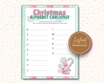 Weihnachts-Alphabet-Herausforderung zum Ausdrucken, einfaches Weihnachtswortspiel, Weihnachtswortspiele für große Gruppen, Senioren, Mädelsabende und Familienspaß