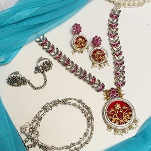 Conjunto de joyería artesanal de plata estilo templo - Joyería india oxidada - Conjunto de collar tradicional - Joyería nupcial étnica - Regalo de joyería festiva