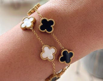 Clover Bracelet, Gold Lucky Charm Bracelet, Minimalist Waterproof Bracelet, Trendy Layering Bracelet, Mother of pearl Jewelry , Gift For Her