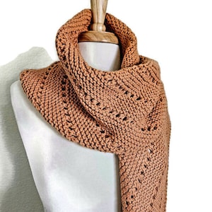May include: A rust-colored knitted scarf displayed on a white mannequin. The scarf has a chunky knit texture with small, evenly spaced holes, and is draped around the mannequin's neck and shoulders. The scarf's color is a warm, earthy tone.