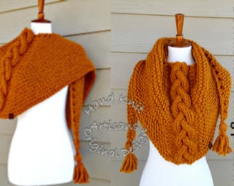 Braided Triange Shawl  knitting pattern, tassel scarf, wrap, chunky, intermediate level, kids, adults, women, men
