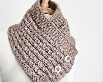 Button Neck Cowl Knitting Pattern  for men or women, advanced beginner level