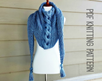 Twisted Cable Shawl Scarf, knitting pattern, tassel scarf, wrap, Outlander Inspired, chunky, intermediate level, kids, adults, women, men