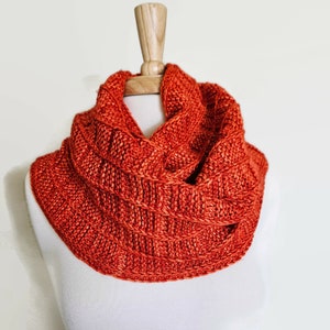May include: A rust-colored knitted infinity scarf with a ribbed texture. The scarf is displayed on a white mannequin.
