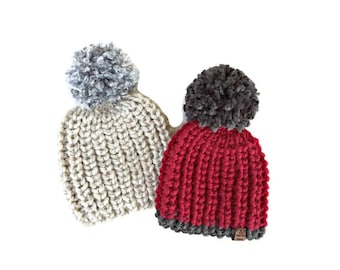 Chunky Warm Rib Beanie Knitting Pattern - kids, teens, adults - winter, fall, pom pom, knit in round or knit flat in rows instructions