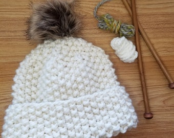 Simple Seed Stitch Beanie hand knitting pattern for cold weather easy, beginner level children, kids and adults sizes