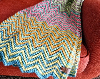 Colorful chevron lap blanket, baby blanket and throw knitting patterns, instructions for two different sizes, next level knitting skills