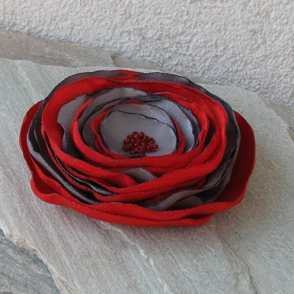 Valentine fabric flower brooch grey  red satin  handmade brooch ready to ship