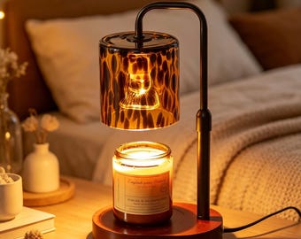 Tortoise Shell Candle Warmer Lamp, Adjustable Height, Dimmable, Leopard Swirl Glass Shade