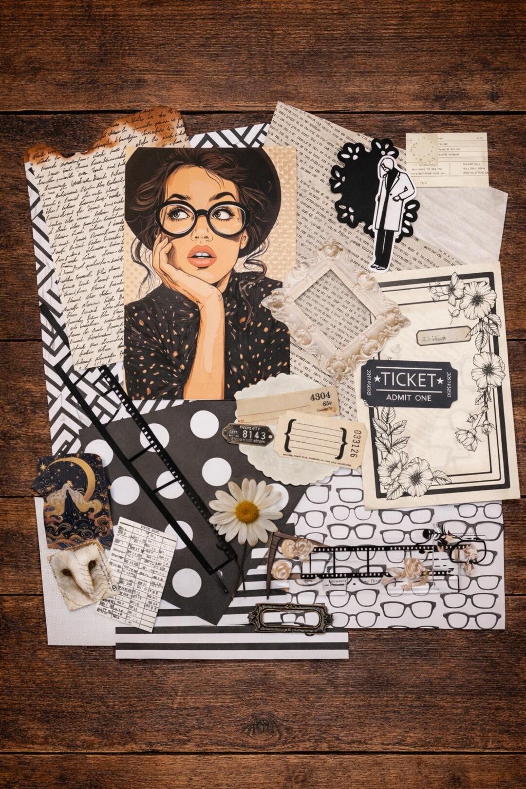 40 Pcs Black White Junk Journal Kit | Scrapbooking Ephemera Pack ...