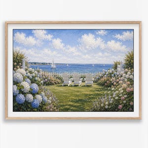 May include: A framed oil painting depicting a coastal garden with three white Adirondack chairs facing a blue ocean. The scene features lush blue and white hydrangea bushes in the foreground, a white picket fence, and sailboats on the water.