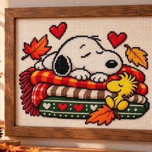 Snoopy Cross Stitch Pattern PDF, Woodstock Autumn Design, Counted Embroidery Chart, Fall Decor, Instant Digital Download, 3 Aida Sizes