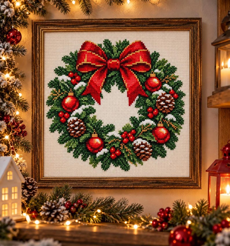 Christmas Wreath Cross Stitch Pattern PDF, Holiday Counted Cross Stitch ...