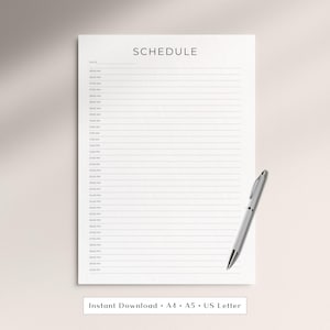 May include: A white schedule planner with the word "SCHEDULE" at the top. The planner has horizontal lines for time slots and a silver pen resting on the right side. The text "Instant Download • A4 • A5 • US Letter" is at the bottom.
