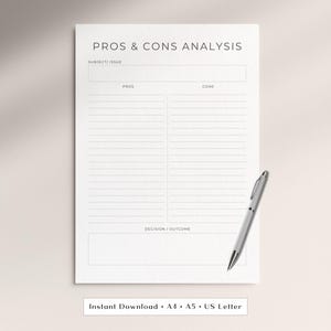 Puede incluir: Una hoja de papel blanca con una plantilla de análisis de pros y contras en texto negro, con secciones para asunto, pros, contras y decisión, acompañada de un bolígrafo plateado colocado en el lado derecho del documento.