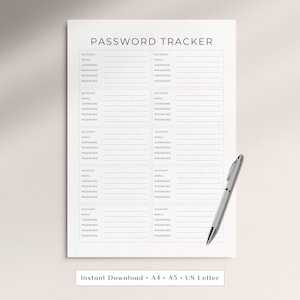 May include: A white password tracker sheet with black text and lines, featuring the title PASSWORD TRACKER at the top. The document includes multiple sections for account, email, username, and password entries, accompanied by a silver pen.
