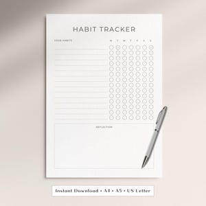 Può includere: Un foglio bianco per il monitoraggio delle abitudini con testo e linee nere. L'intestazione recita HABIT TRACKER, seguita da una sezione elenco chiamata YOUR HABITS, una griglia di cerchi per i giorni della settimana e una sezione inferiore chiamata REFLECTION. Una penna argentata è appoggiata sopra.