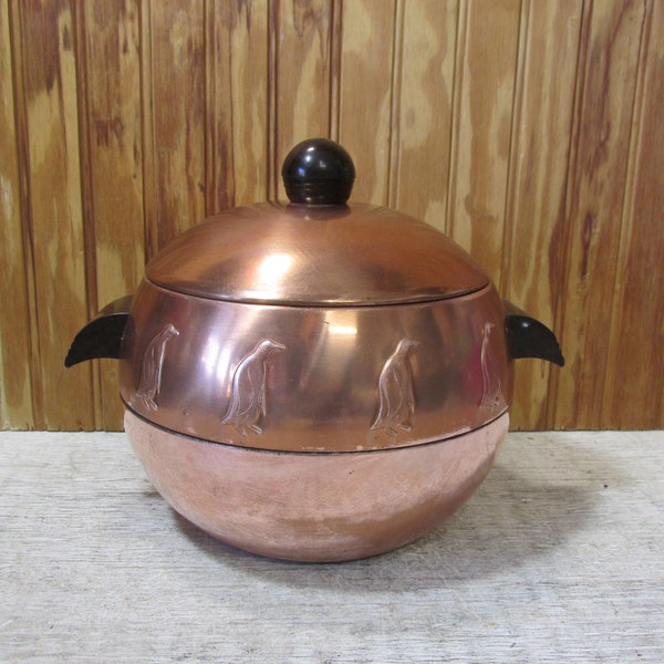 Vintage Copper West Bend Penguin Hot and Cold Server- Ice Bucket- Dark Wooden Handles