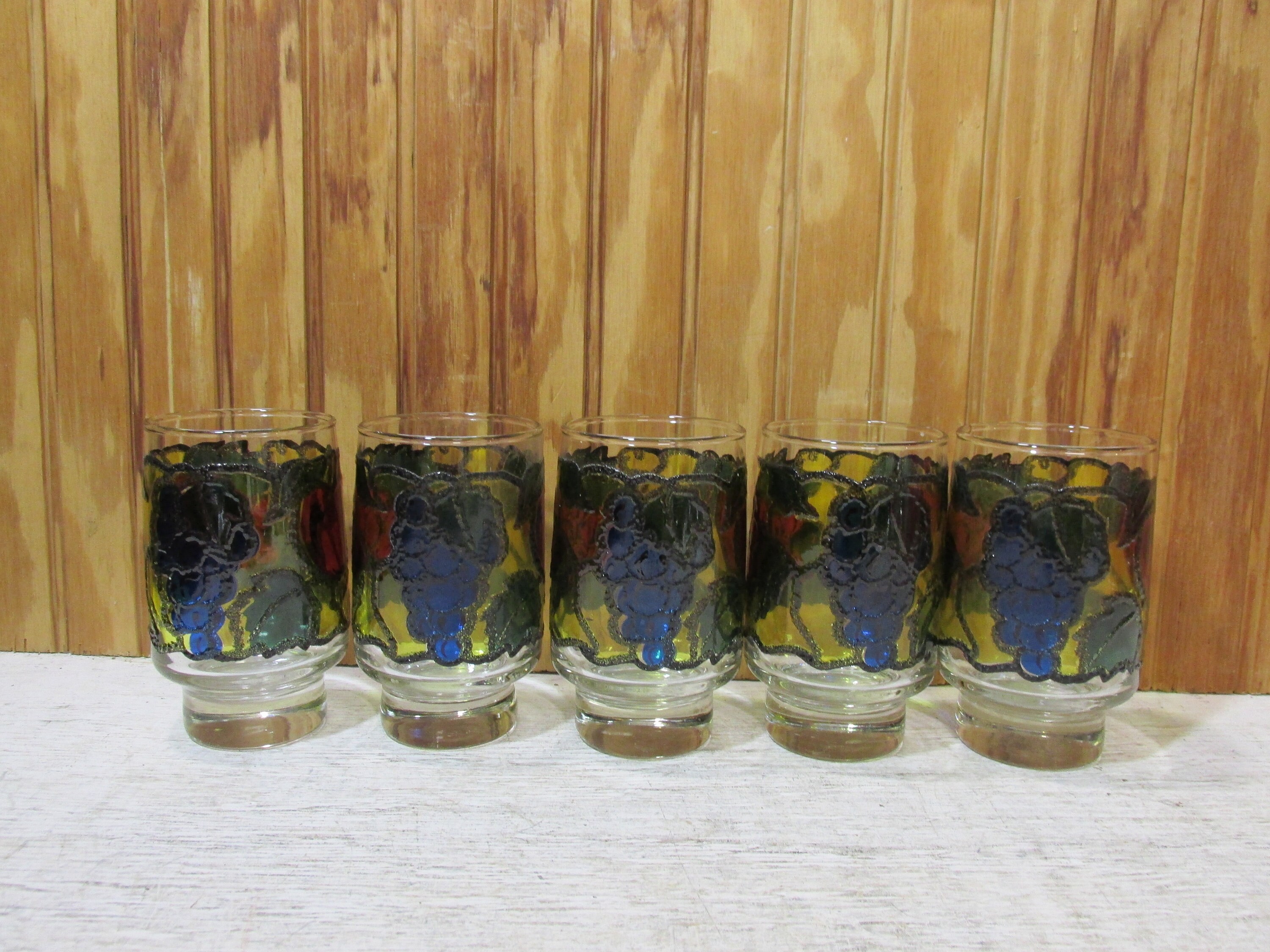 Set of 2 Vintage Libbey Stained Glass Drinking Glasses Fruit Design 16 oz