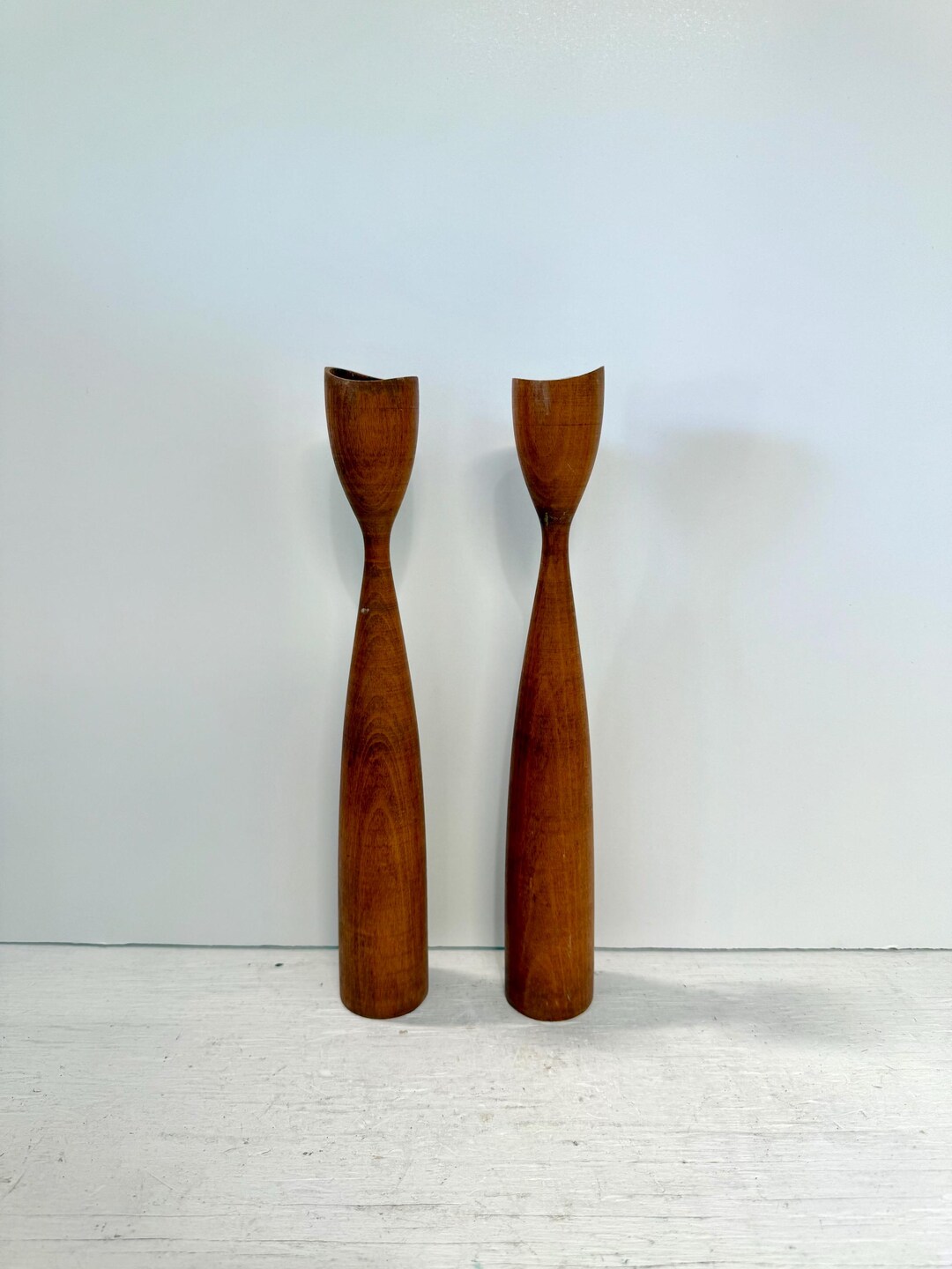Mid Century Set of 2 Teak Danish Wood Tulip Candle Holders 11 1/2 Inch ...