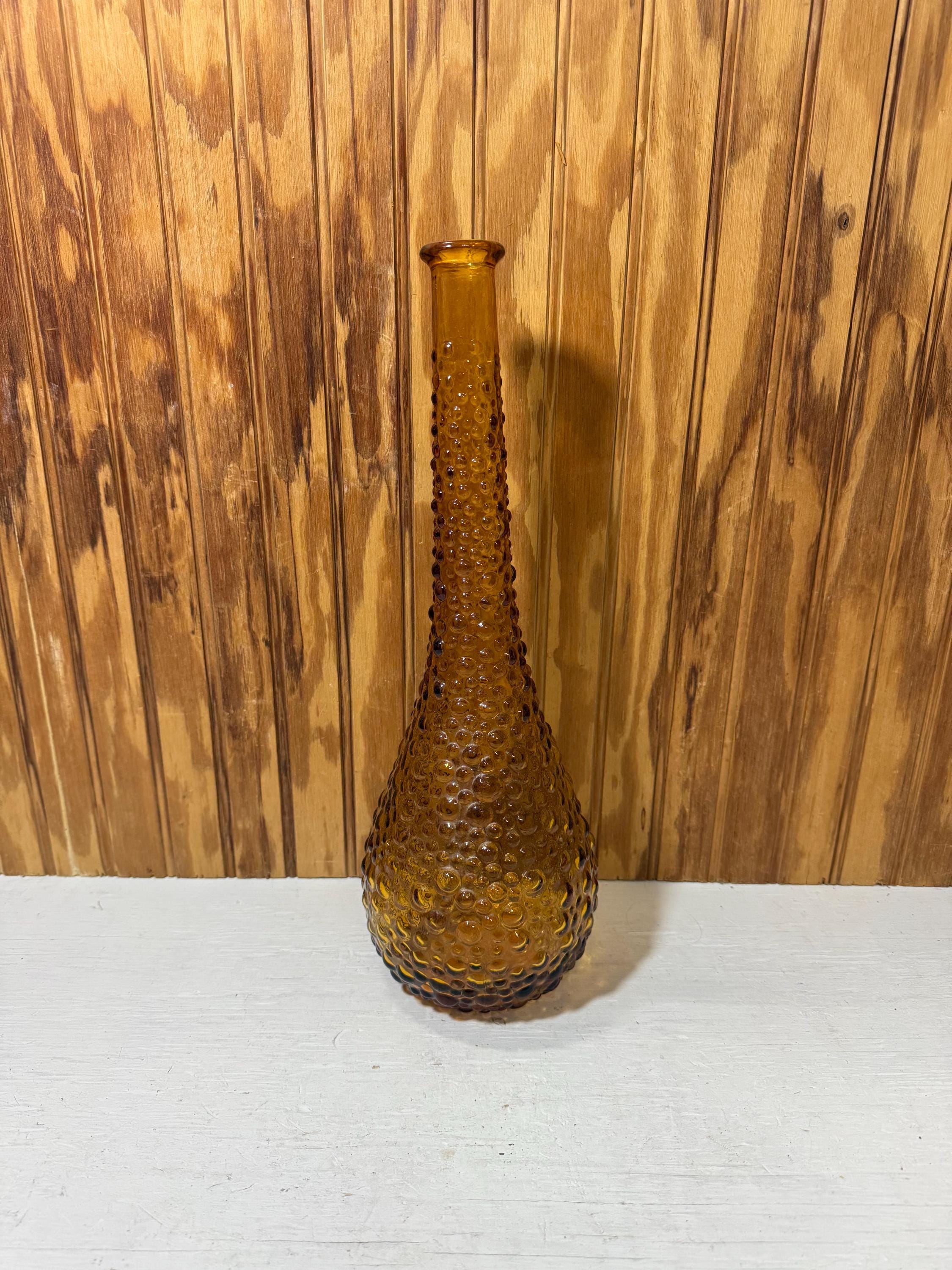 Vintage 15 Inch Empoli Amber Hobnail Genie Bottle- Decanter- No Stopper- Mid Century