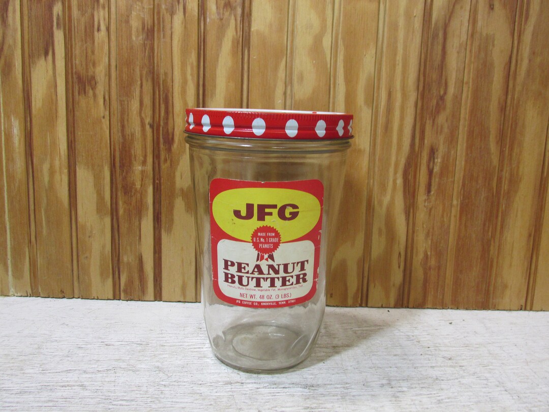 Vintage JFG 48 Ounce Glass Peanut Butter Jar With Metal Lid and Label