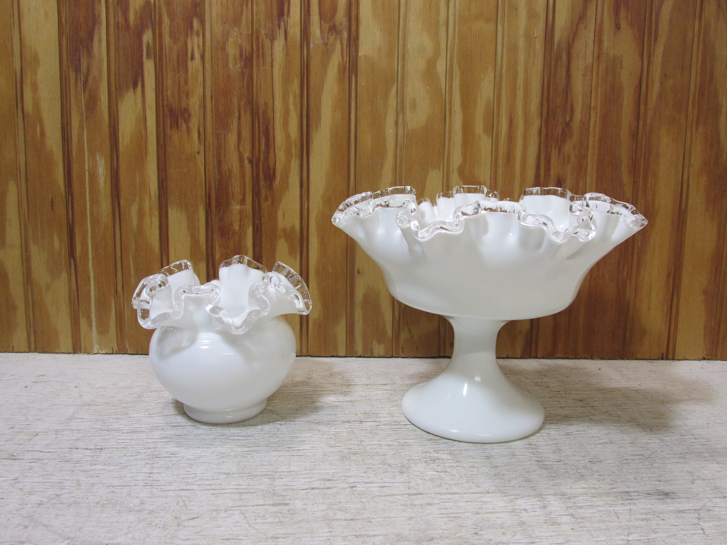 Vintage Milk Glass Fenton Silver Crest Fluted Pedestal Bowl/candy