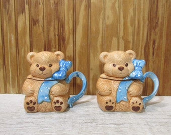 Vintage Set of 2 Teddy Bear with Blue Polka Dot Mugs with Removable Heads